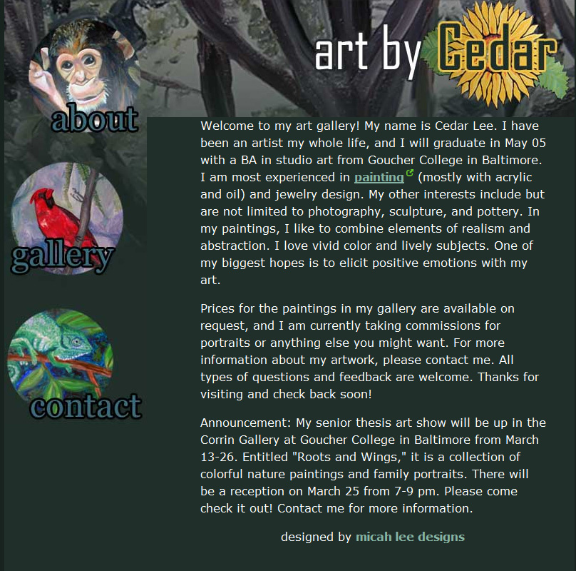 Embarrassing screenshot of what the Art By Cedar website looked like in March 2005!