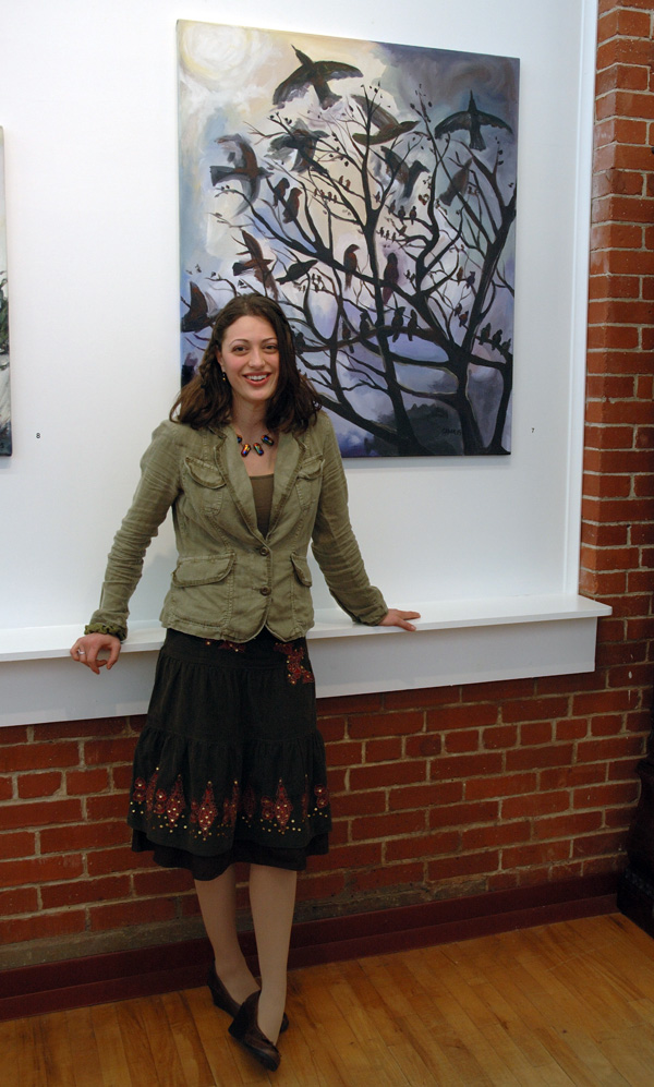 Artist Cedar Lee with painting Birds at Sunrise