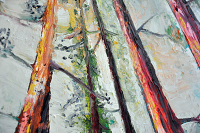 Detail: Red Trunks. 48" x 36", Oil on Wood, © 2016 Cedar Lee
