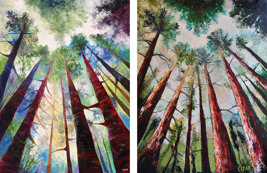 Red Trunks. 48" x 36", Oil on Wood, © 2016 Cedar Lee. Old version (left) and new after re-working the painting (right)