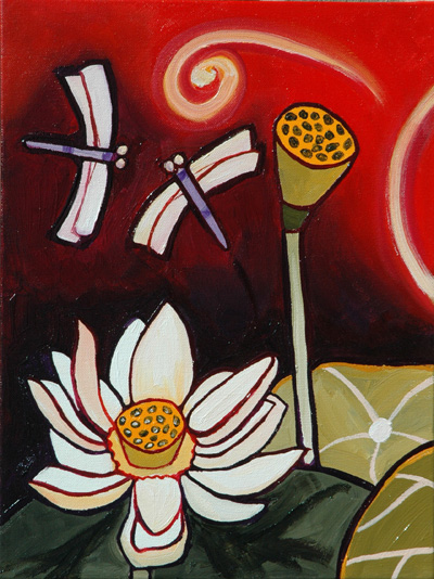 Lotus Flower Painting by Cedar Lee: Lotus Pond II, Panel 1 of 3