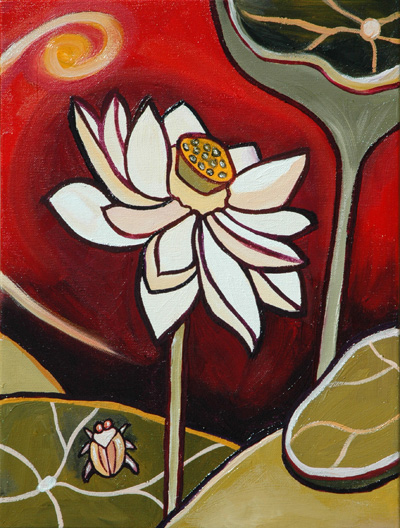 Lotus Flower Painting by Cedar Lee: Lotus Pond II, Panel 2 of 3
