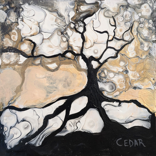 Metallic Trees 1. 6" x 6", Acrylic on Wood, © 2025 Cedar Lee