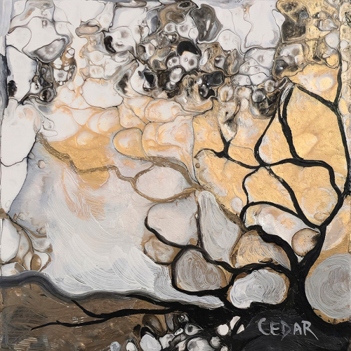 Metallic Trees 6. 6" x 6", Acrylic on Wood, © 2025 Cedar Lee