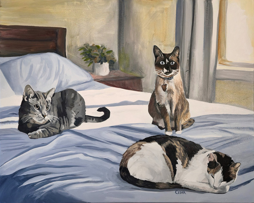 Three Moynks Lounging. 24" x 30", Acrylic  on Canvas, © 2025 Cedar Lee