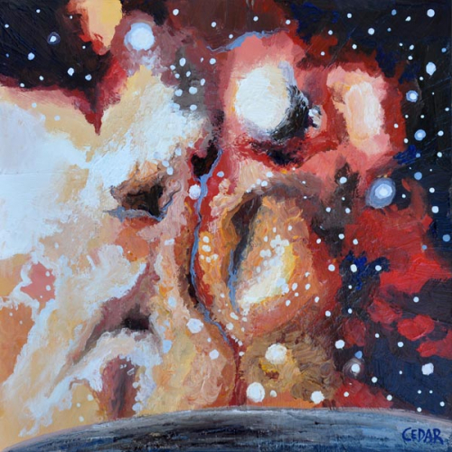 Fiery Stardust. 16" x 16", Oil on Wood, © 2013 Cedar Lee