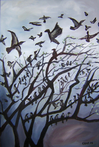Birds in Gray Sky. 36" x 24", Acrylic on Canvas, © 2005 Cedar Lee