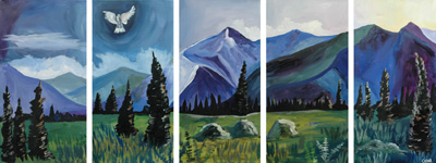 Messenger at Dawn. 20" x 50" (5 panels), Acrylic on Canvas, © 2007 Cedar Lee
