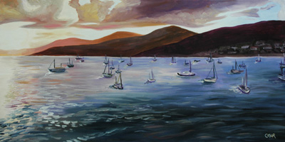 Sailboats at Sunset. 18" x 36", Oil on Canvas, © 2007 Cedar Lee