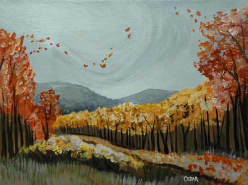 Swirling Leaves. 12" x 16", Acrylic on Canvas, © 2007 Cedar Lee