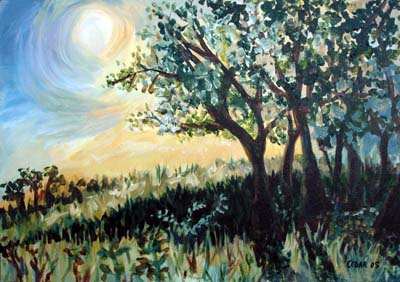 Trees in a Sunlit Field. 16" x 23", Acrylic on Canvas, © 2005 Cedar Lee