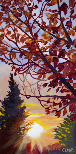 Autumn Walk at Sunset. 20" x 10", Acrylic on Wood, © 2022 Cedar Lee