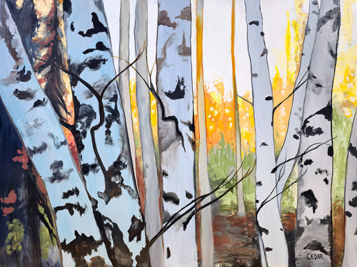 Birch Forest Afternoon. 30" x 40", Acrylic on Wood, © 2025 Cedar Lee Birch Forest Afternoon. 30" x 40", Acrylic on Wood, © 2025 Cedar Lee