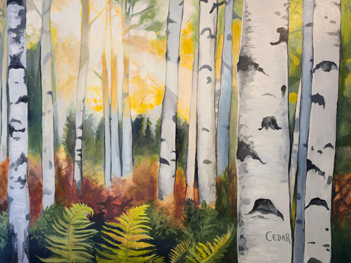 Birch Forest Sunbeams. 30" x 40", Acrylic on Wood, © 2025 Cedar Lee Birch Forest Sunbeams. 30" x 40", Acrylic on Wood, © 2025 Cedar Lee
