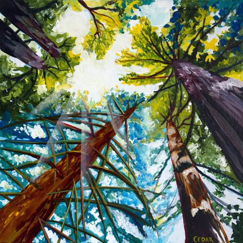 Green Forest Light. 16" x 16",  Acrylic on Wood, © 2021 Cedar Lee