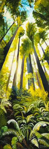 Redwoods and Ferns 2. 36" x 12", Acrylic on Canvas, © 2023 Cedar Lee