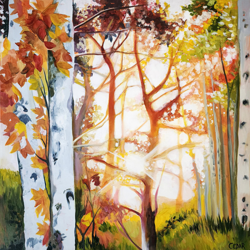 Sun Through Aspens. 30" x 30", Acrylic on Canvas, © 2022 Cedar Lee