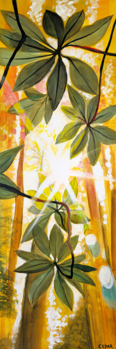 Sunlit Rhododendron: Orange. 36" x 12",  Acrylic on Wood, © 2024 Cedar Lee