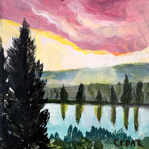 Sunset Over Reservoir. 6" x 6", Acrylic on Wood, © 2025 Cedar Lee Sunset Over Reservoir. 6" x 6", Acrylic on Wood, © 2025 Cedar Lee