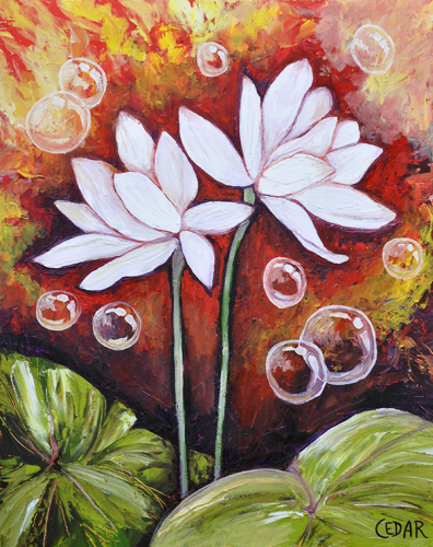 Lotus Bubbles: Red. 30" x 24", Oil on Wood, © 2016 Cedar Lee