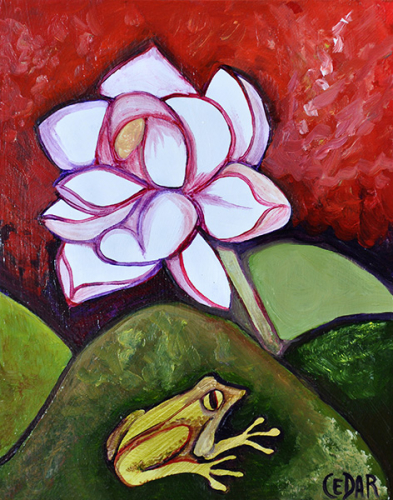 Lotus and Frog. 10″ x 8″, Oil on Wood, © Cedar Lee 2014