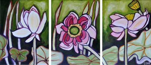 Lotus Pond IV. 12 x 27" (each panel is 12 x 9"), Oil on Canvas, © 2011 Cedar Lee