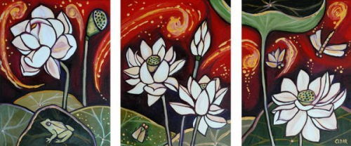 Lotus Pond III. 16 x 36" (each panel is 16 x 12"), Oil on Canvas, © 2010 Cedar Lee