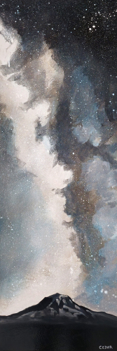 Milky Way Over Mt. Rainier. 36" x 12", Acrylic on Wood, © 2024 Cedar Lee
