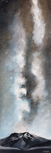 Milky Way Over Mt. St. Helens. 36" x 12", Acrylic on Wood, © 2024 Cedar Lee