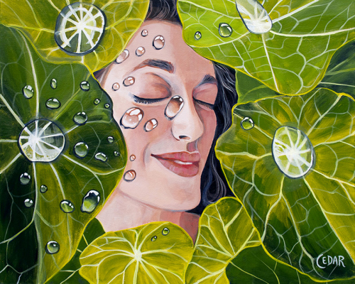 Raindrops on Nasturtiums. 24" x 30", Acrylic on Canvas, © 2020 Cedar Lee