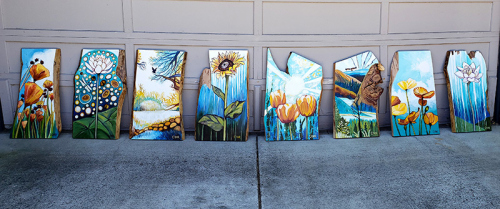 8 paintings by Cedar Lee on live edge slabs