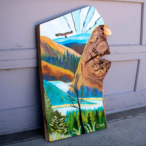 Above the Mountains. ~32" x 20", Acrylic on Live Edge Slab, © 2020 Cedar Lee