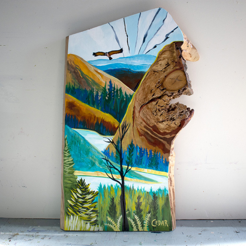 Above the Mountains. ~32" x 20", Acrylic on Live Edge Slab, © 2020 Cedar Lee