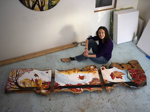 Artist with Art: Appalachian Fall. Acrylic on Live Edge Slabs. ~9' x 32", © 2020 Cedar Lee