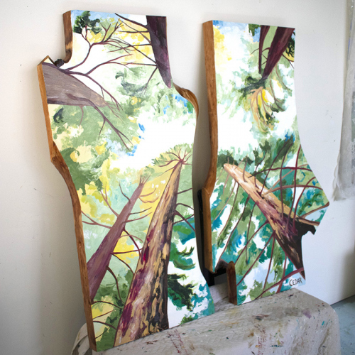 Forest Windows 1. ~48" x 52", Acrylic on Live Edge Slabs, © 2022 Cedar Lee