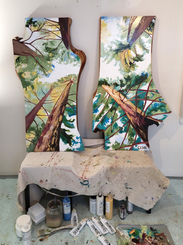 Forest Windows 1. ~48" x 52", Acrylic on Live Edge Slabs, © 2022 Cedar Lee