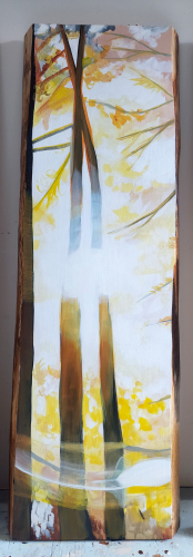 Panel 3 of 5: Golden Windows. ~60" x 120",  Acrylic on Live Edge Slabs, © 2022 Cedar Lee