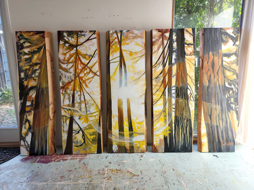 Golden Windows. ~60" x 120",  Acrylic on Live Edge Slabs, © 2022 Cedar Lee