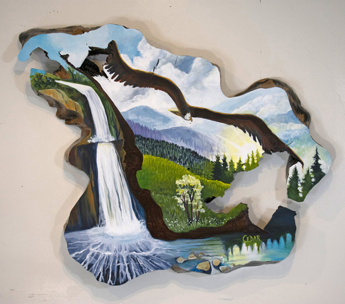 Hydrologic Cycle. ~27" x 32", Acrylic on Live Edge Slab, © 2021 Cedar Lee