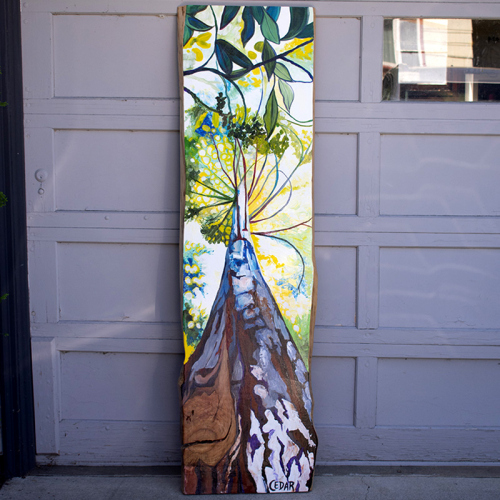 Base of the Redwood. 67" x 18", Acrylic on Live Edge Slab, © 2020 Cedar Lee