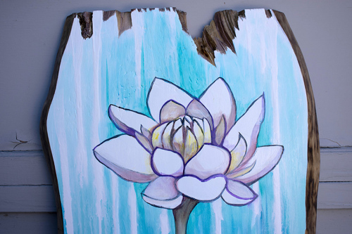 Detail: Lotus With Rain. ~32" x 19", Acrylic on Live Edge Slab, © 2020 Cedar Lee