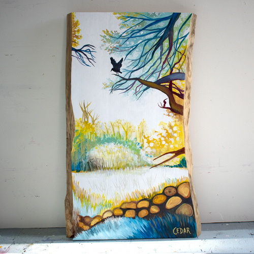 Perched in Sunlight. ~32" x 20", Acrylic on Live Edge Slab, © 2020 Cedar Lee