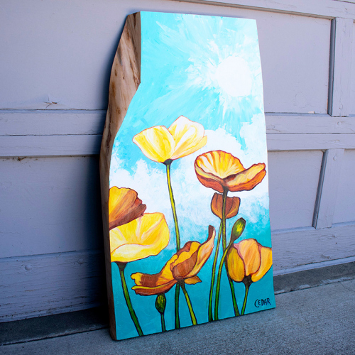 Poppies in Blue Sky. ~32" x 19", Acrylic on Live Edge Slab, © 2020 Cedar Lee