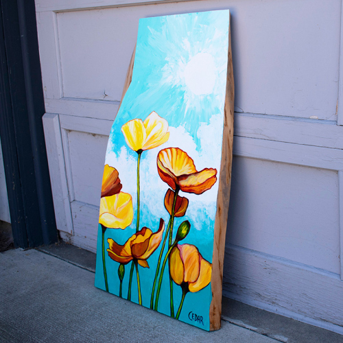 Poppies in Blue Sky. ~32" x 19", Acrylic on Live Edge Slab, © 2020 Cedar Lee