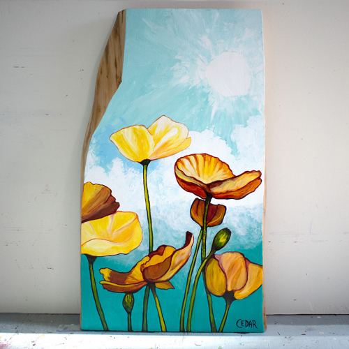 Poppies in Blue Sky. ~32" x 19", Acrylic on Live Edge Slab, © 2020 Cedar Lee