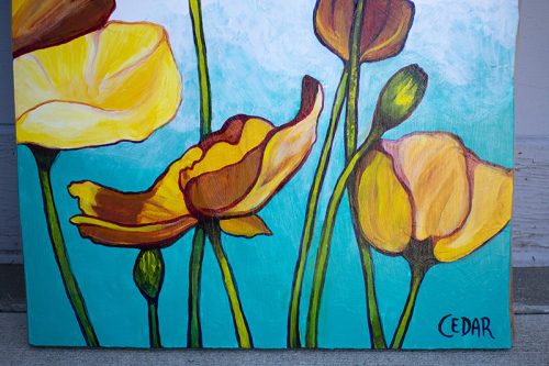 Detail: Poppies in Blue Sky. ~32" x 19", Acrylic on Live Edge Slab, © 2020 Cedar Lee