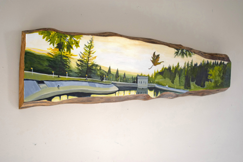 Reservoir 5, Suspended. ~12" X 49". Acrylic on Live Edge Slab, © 2021 Cedar Lee