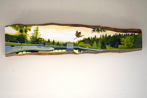 Reservoir 5, Suspended. ~12" X 49". Acrylic on Live Edge Slab, © 2021 Cedar Lee