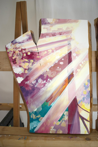 Panel 1 of 3: Sunburst Windows .~28" x 68",  Acrylic on Live Edge Slabs, © 2022 Cedar Lee