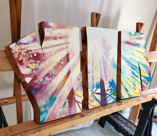 Sunburst Windows .~28" x 68",  Acrylic on Live Edge Slabs, © 2022 Cedar Lee